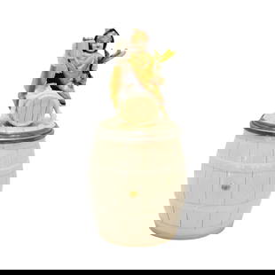 Schierholz & Sohn #61, German Character Beer Stein, Munich Child on Barrel: 1/2 Liter porcelain with figural lid with inscriptions underneath and great lithophane of a Munich river scene, circa early 1900's