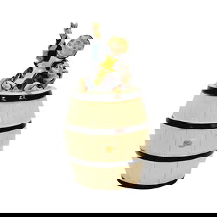 Schierholz & Sohn #X3 for Martin Pauson, German Character Beer Stein, Munich Child on Barrel: 1/2 Liter porcelain with figural lid and a great lithophane of a Bavaria statue, circa early 1900's