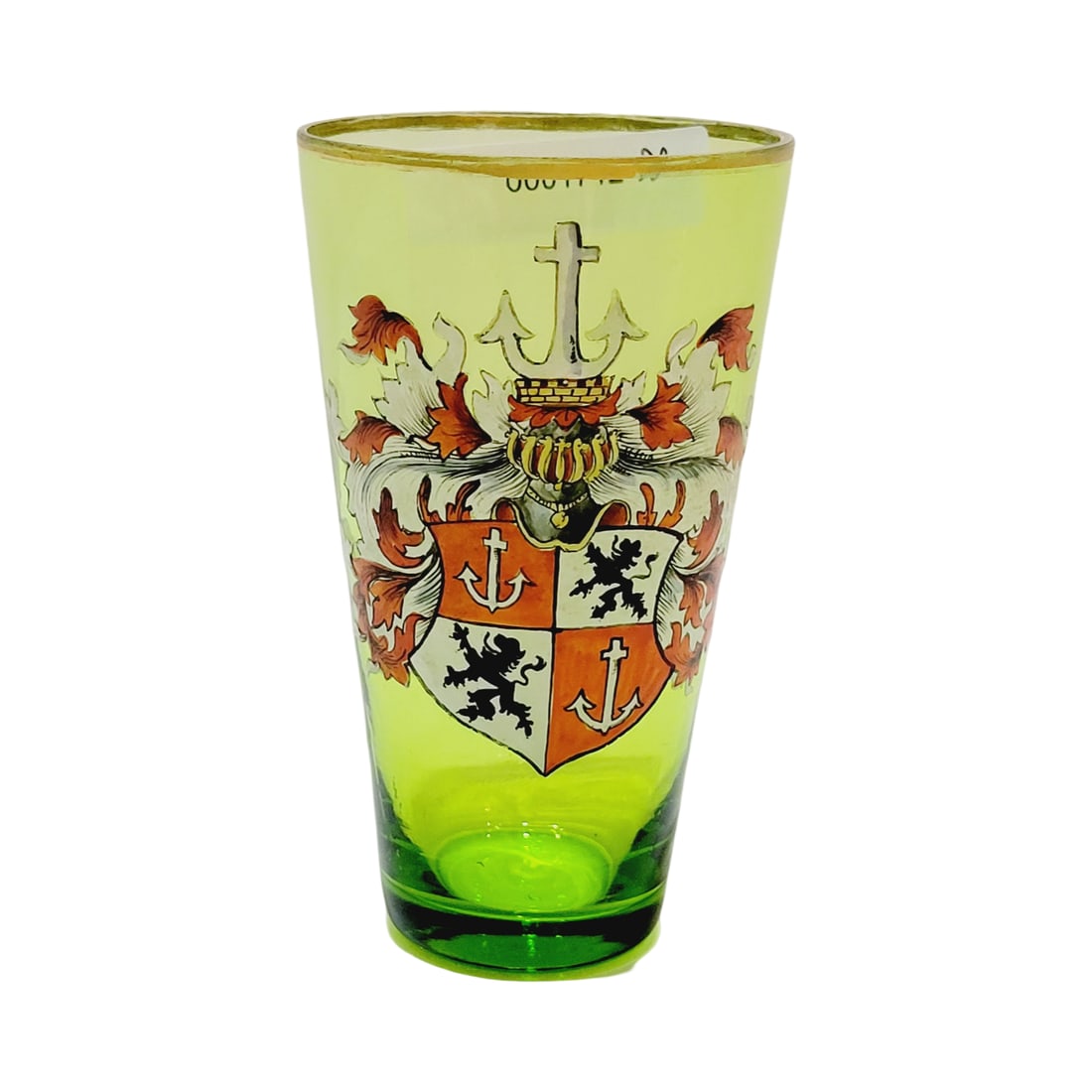 Glass Beaker, German Beaker, Count von Metternich Coat of Arms: 4.25" Blown hand enameled with polished pontil, circa early 1900's