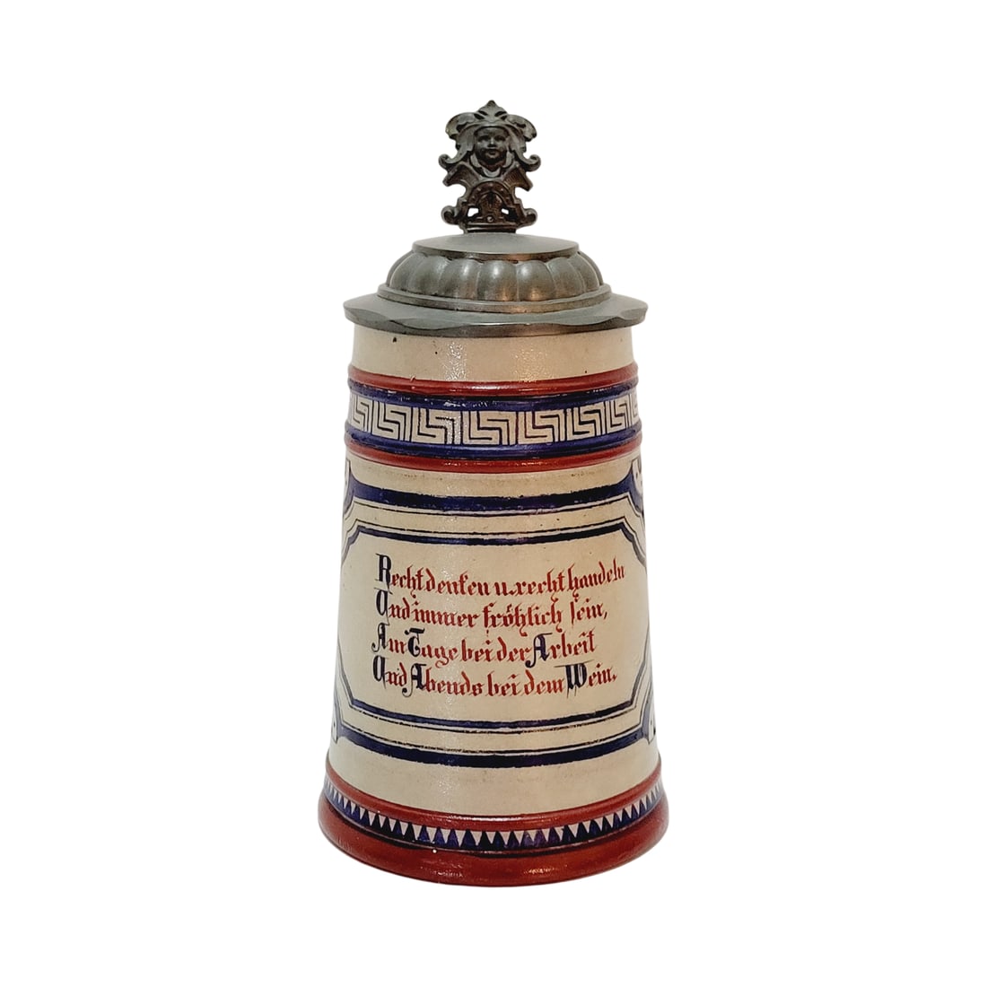 August Saeltzer Stein, German Beer Stein, Mosaic with Saying: 1/2 Liter stoneware hand painted with pewter lid, Text - Think rightly and act rightly and be happy inside, at the dinner table, at work and at the party with wine, circa early 1880's