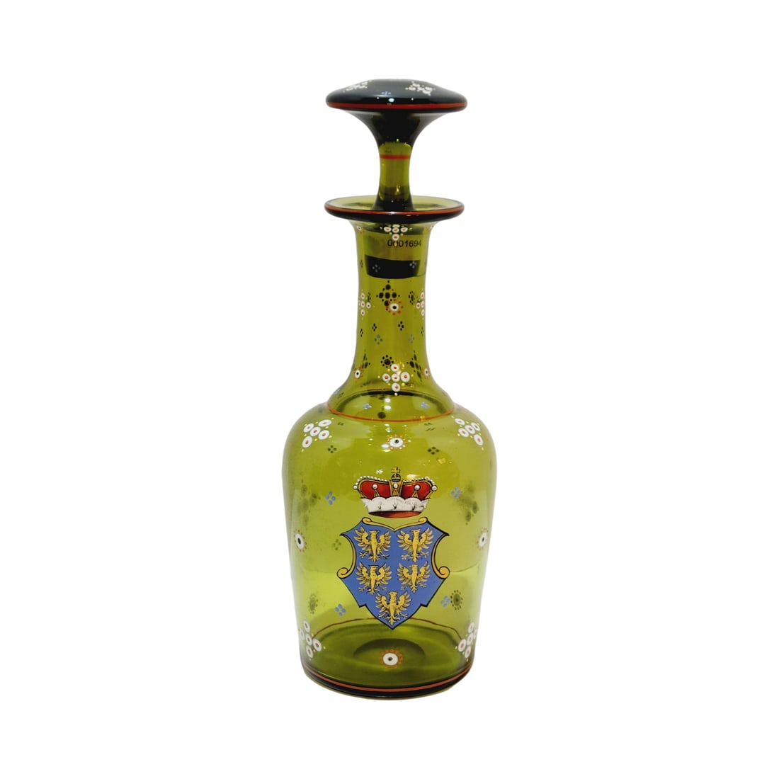 Glass Decanter, German Glass Decanter, Arms of the Duke of Austria below the Enns: 12.00" Blown green glass hand enameled with polished pontil, circa 1890's