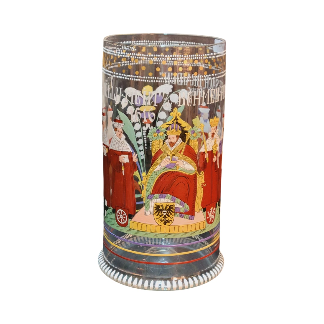 Large Humpen, German Humpen Glass, Holy Roman Emperor Matthias and 7 Electors: 11.00" Blown colorless glass painted in polychrome enamels, has kicked in base with a polished pontil mark dated 1616, circa 1890's