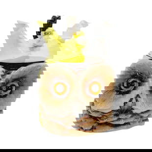 Schierholz & Sohn #37, German Character Stein, Jester Owl: 1/2 Liter porcelain hand painted with figural lid and glass eyes, circa late 1890's