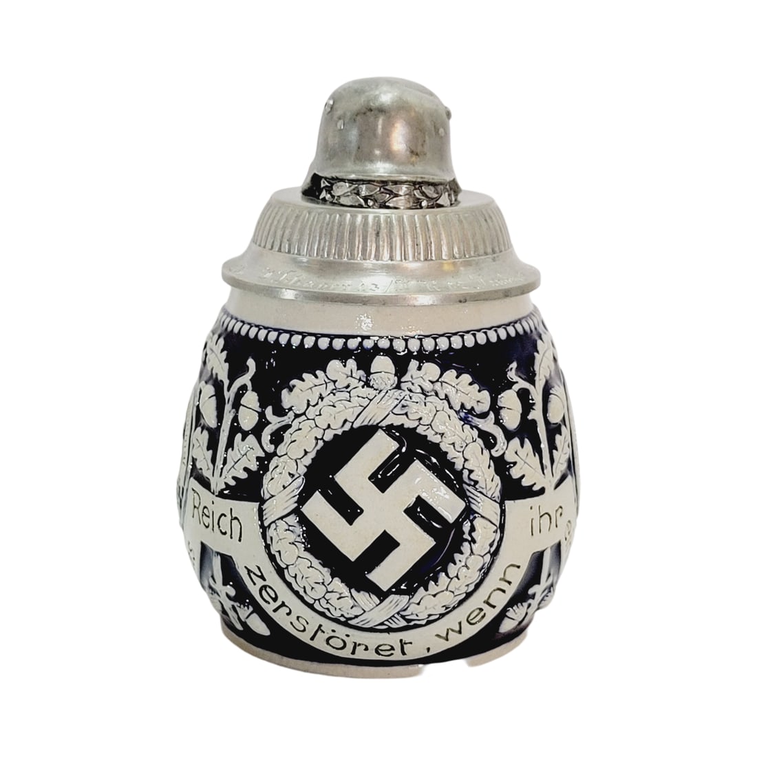 Marzi & Remy #5448, German Third Reich Stein, Swastika in Wreath: 1/2 Liter stoneware in relief salt glaze with custom figural lid, Text - Never will the Empire be destroyed, so long as you are united and loyal!, circa 1930's
