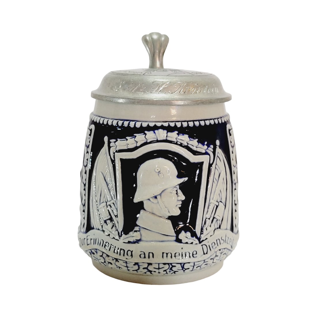 Marzi & Remy #2871, German Third Reich Stein, German Infantry Souvenir: 1/2 Liter stoneware in relief salt glaze with very nice inscribed pewter lid, Text - In memory of my service time, circa early 1900's