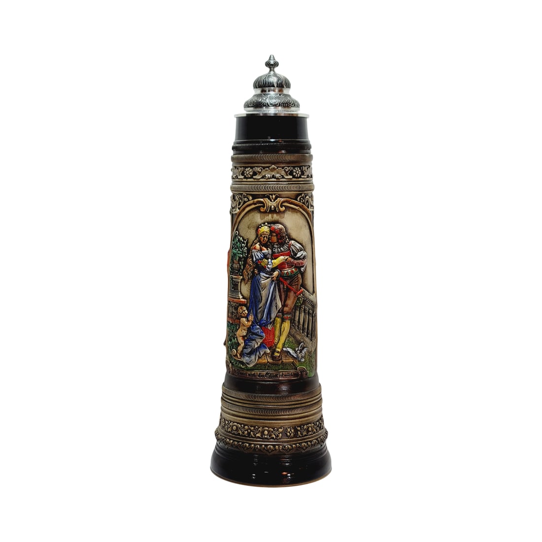 Zoller & Born #9985, German Beer Stein, German Couple: 5.0 Liter pottery in relief hand painted with pewter lid in full color, Text - Always with me, happiness is brittle?, circa late 1900's
