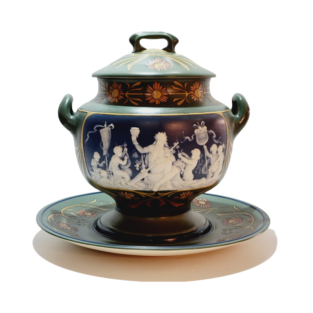 Mettlach #2806, German Punch Bowl, Bacchus & Maiden with Merchildren: 9.4 Liter pottery cameo & etched two panels with lid and underplate, signed by Johann Baptist Stahl, One of Mettlach's finest cameo punch bowls, circa 1904/02