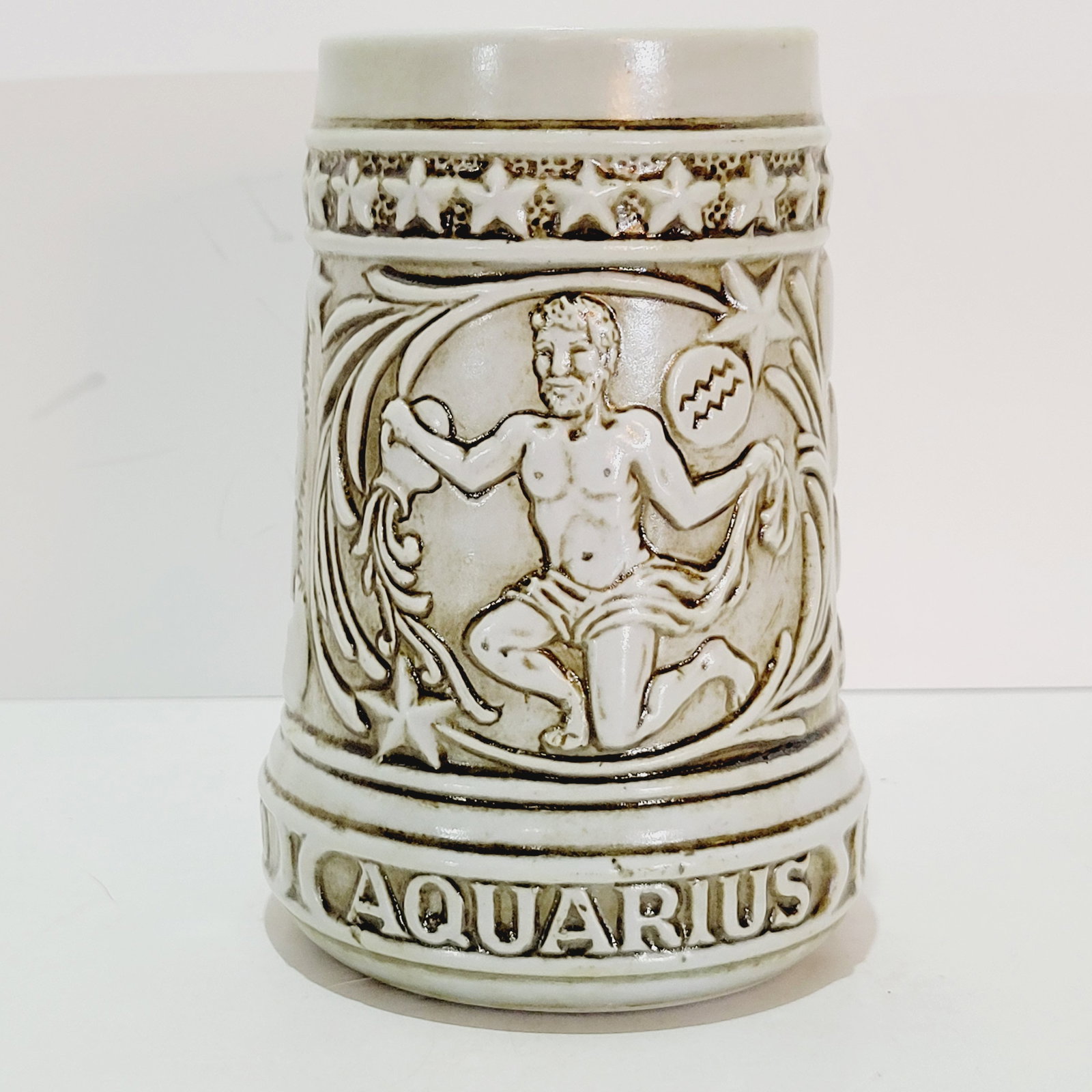The Zodiac Collection, Ceramarte Brazilian Beer Stein, Aquarius: 5.75" Stoneware in relief with Aquarius astrological symbol, circa 1980's