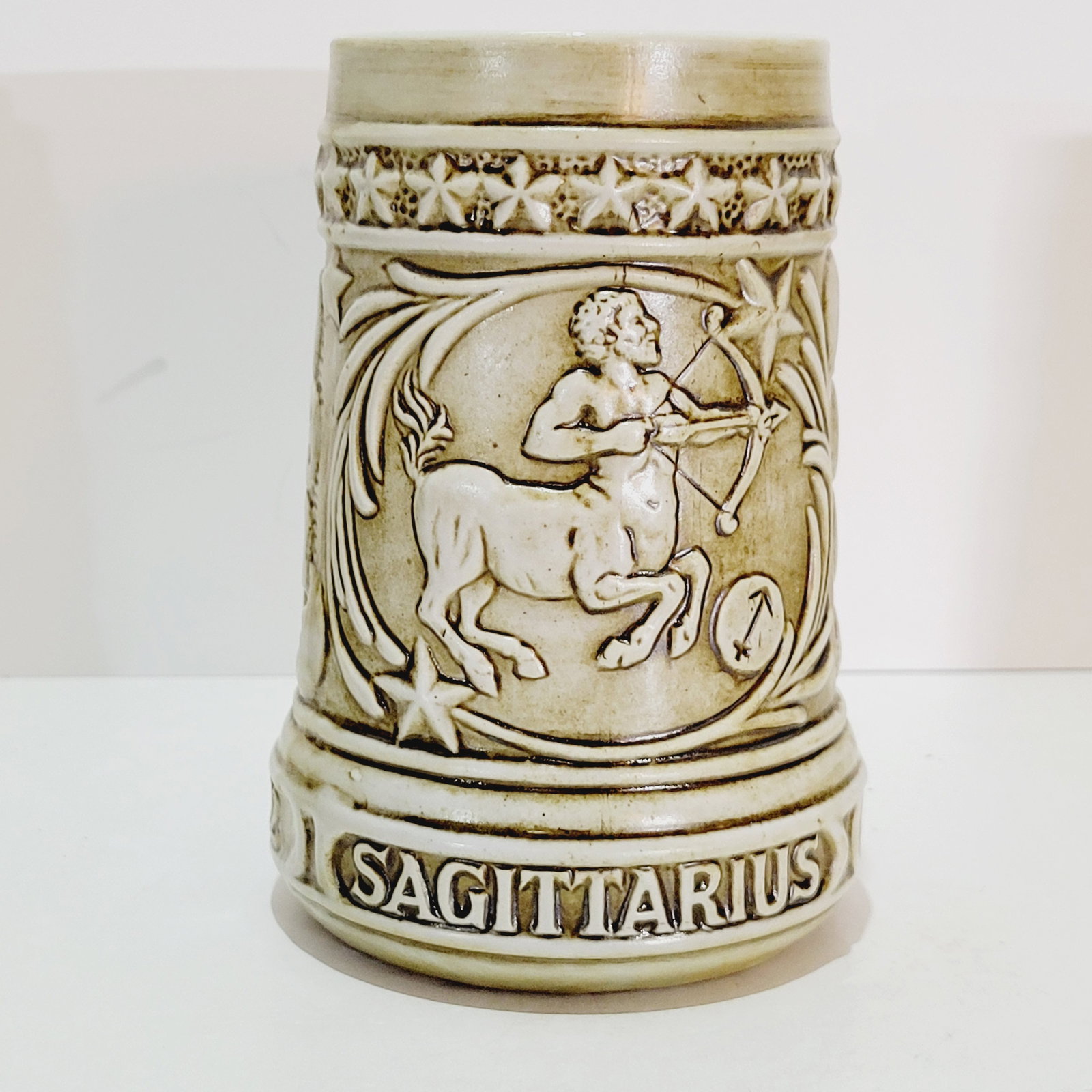 The Zodiac Collection, Ceramarte Brazilian Beer Stein, Sagittarius: 5.75" Stoneware in relief with Sagittarius astrological symbol, circa 1980's