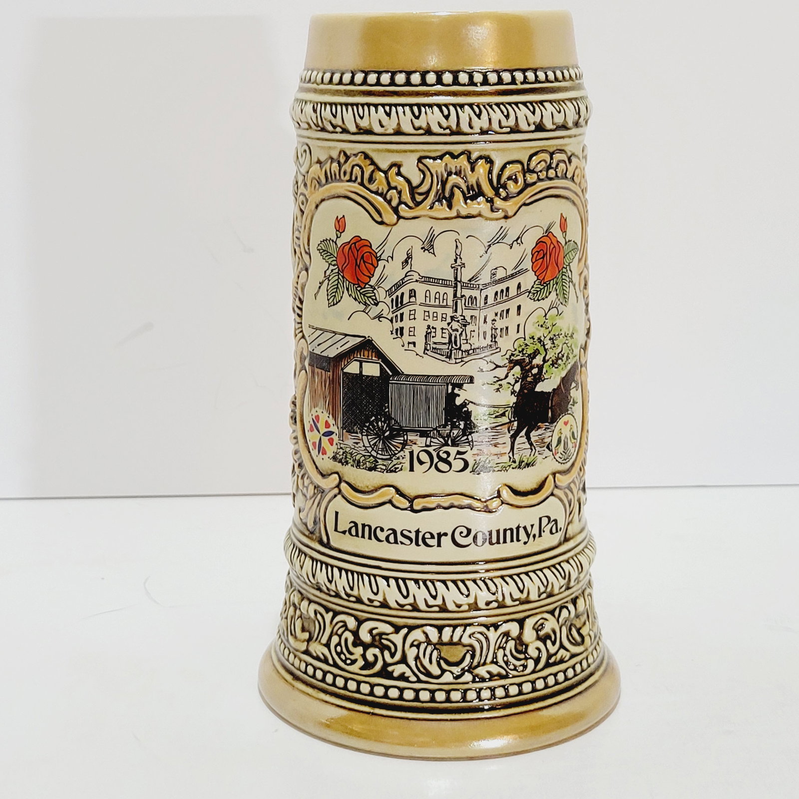 Ceramarte Stein, Ceramarte Brazilian Beer Stein, Lancaster County, PA: 8.0" Stoneware in relief print over glaze with glossy finish, circa 1985