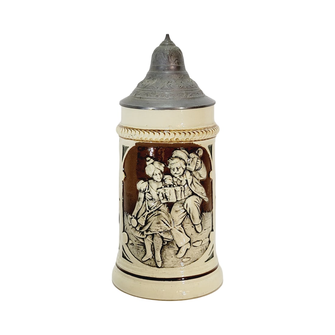 J.W. Remy #996, German Beer Stein, Barmaid and Dancing Drinker: 0.4 Liter pottery in relief with pewter lid, text - Oh joy of men blessed beer, shroud all my worries in a fog!, circa early 1900's