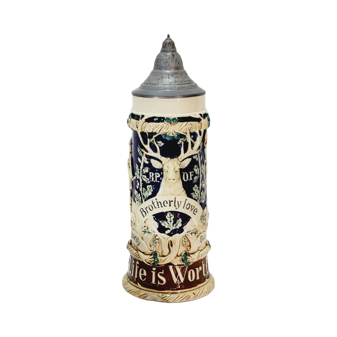 J.W. Remy #11108, German Beer Stein, Brotherly Love: 1.0 Liter pottery in raised relief with pewter lid, Where life is worth living, circa early 1900's