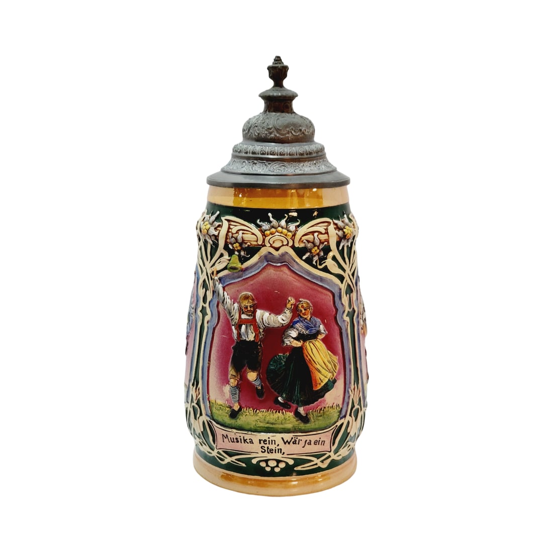 Matthias Girmscheid #659, German Beer Stein, Tyrolean Dancers: 1.0 Liter pottery in relief in full color with nice pewter lid, Text - Good beer, fresh wine, a pure music, one would have to be made of stone to not be happy with that, circa late 1890's