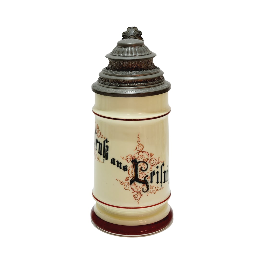 Porcelain Stein, German Beer Stein, Greetings from Leilnig: 0.5 Liter porcelain hand painted with a fantastic engraved pewter lid commemorating a 25 year jubilee and a very nice lithophane, circa 1891