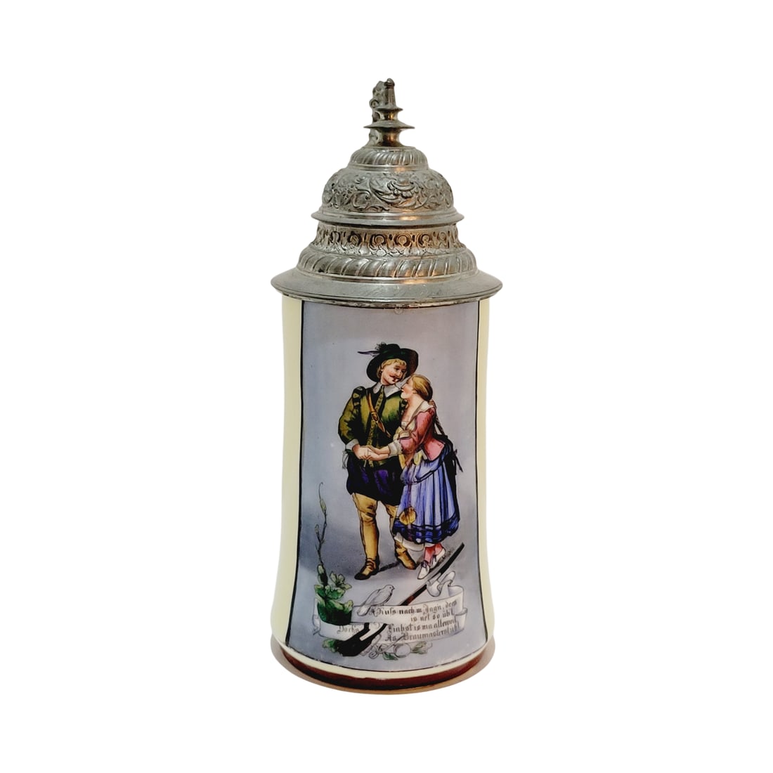 Porcelain Stein, German Beer Stein, Courting Couple with Saying: 1/2 Liter porcelain hand painted transfer with nice pewter lid and a great lithophane, circa 1890's