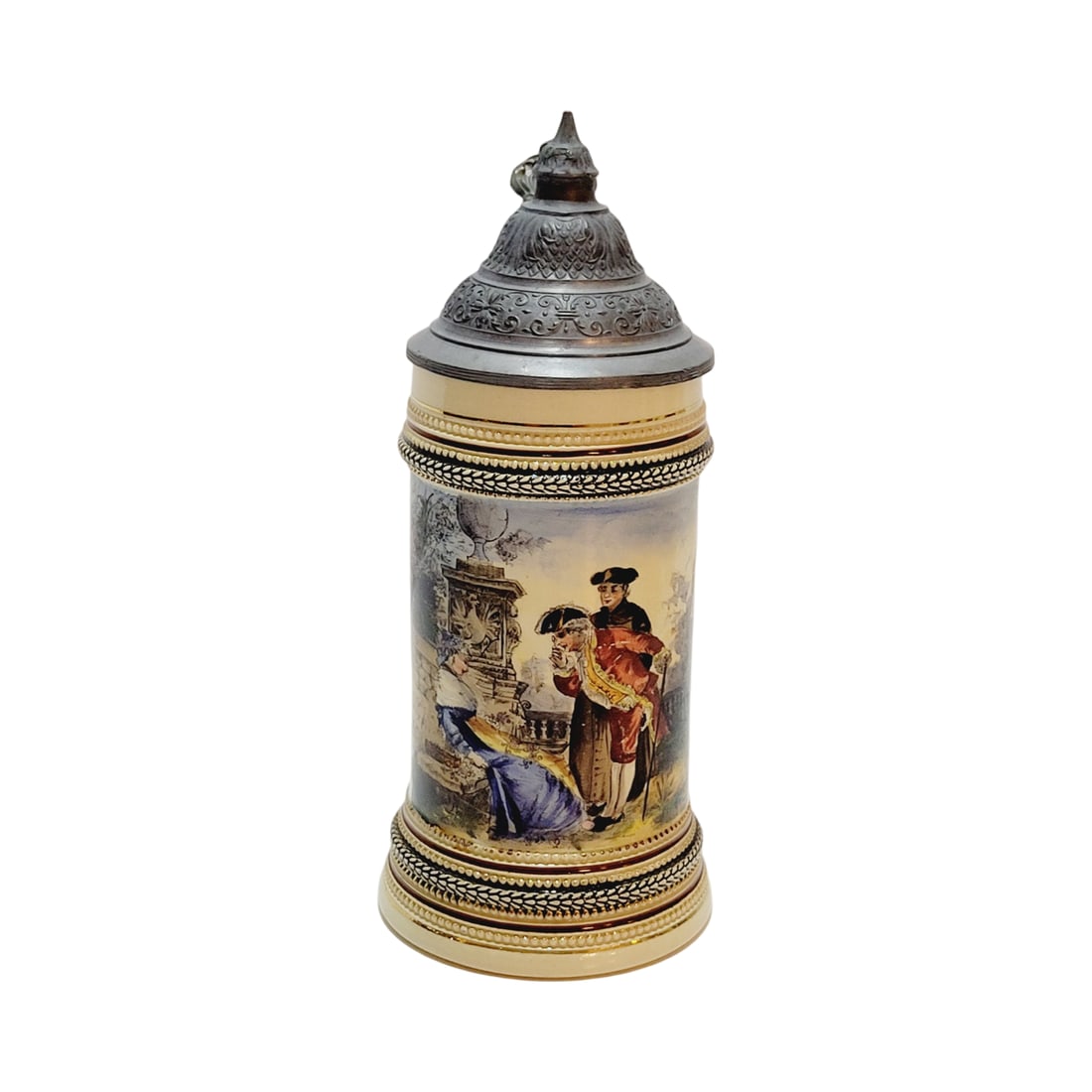 Merkelbach & Wick, German Beer Stein, Soldiers with Maiden: 0.3 Liter pottery hand painted transfer with pewter lid, circa late 1890's