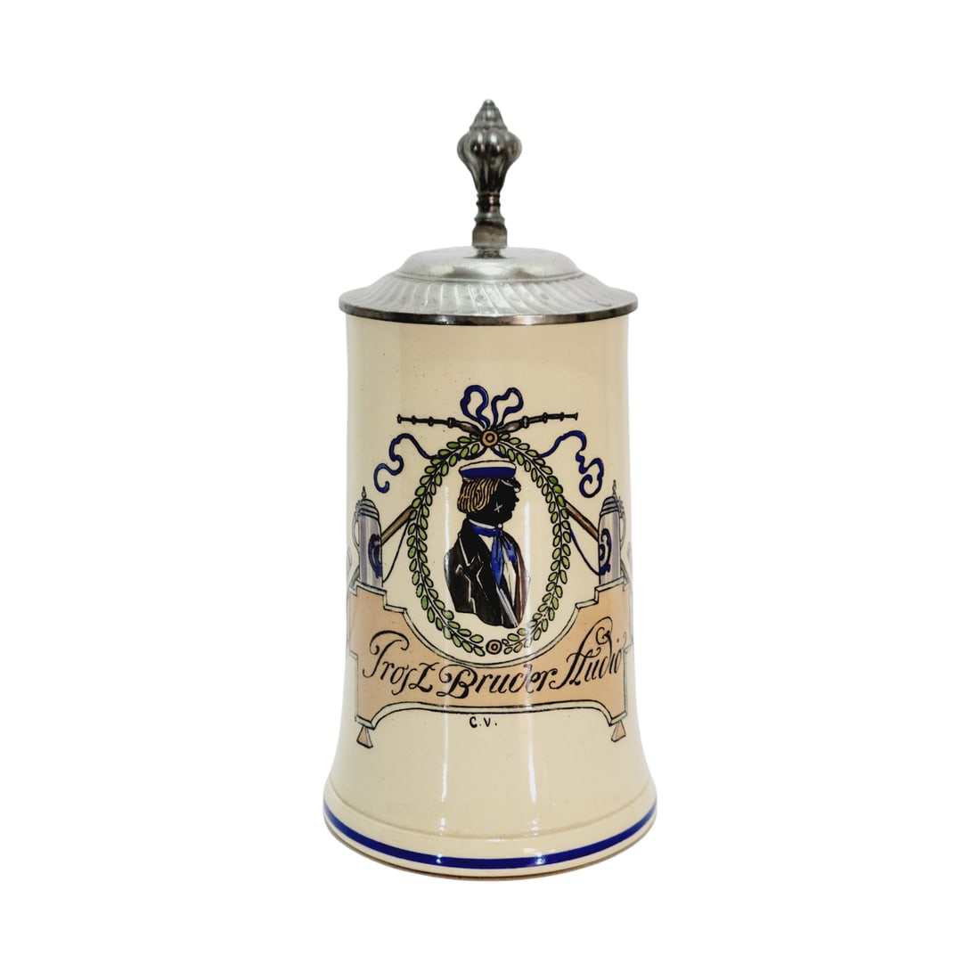 Merkelbach & Wick Stein, German Beer Stein, Portrait Stein: 1/2 Liter pottery hand painted transfer with very nice engraved pewter lid, signed C.V., circa 1905