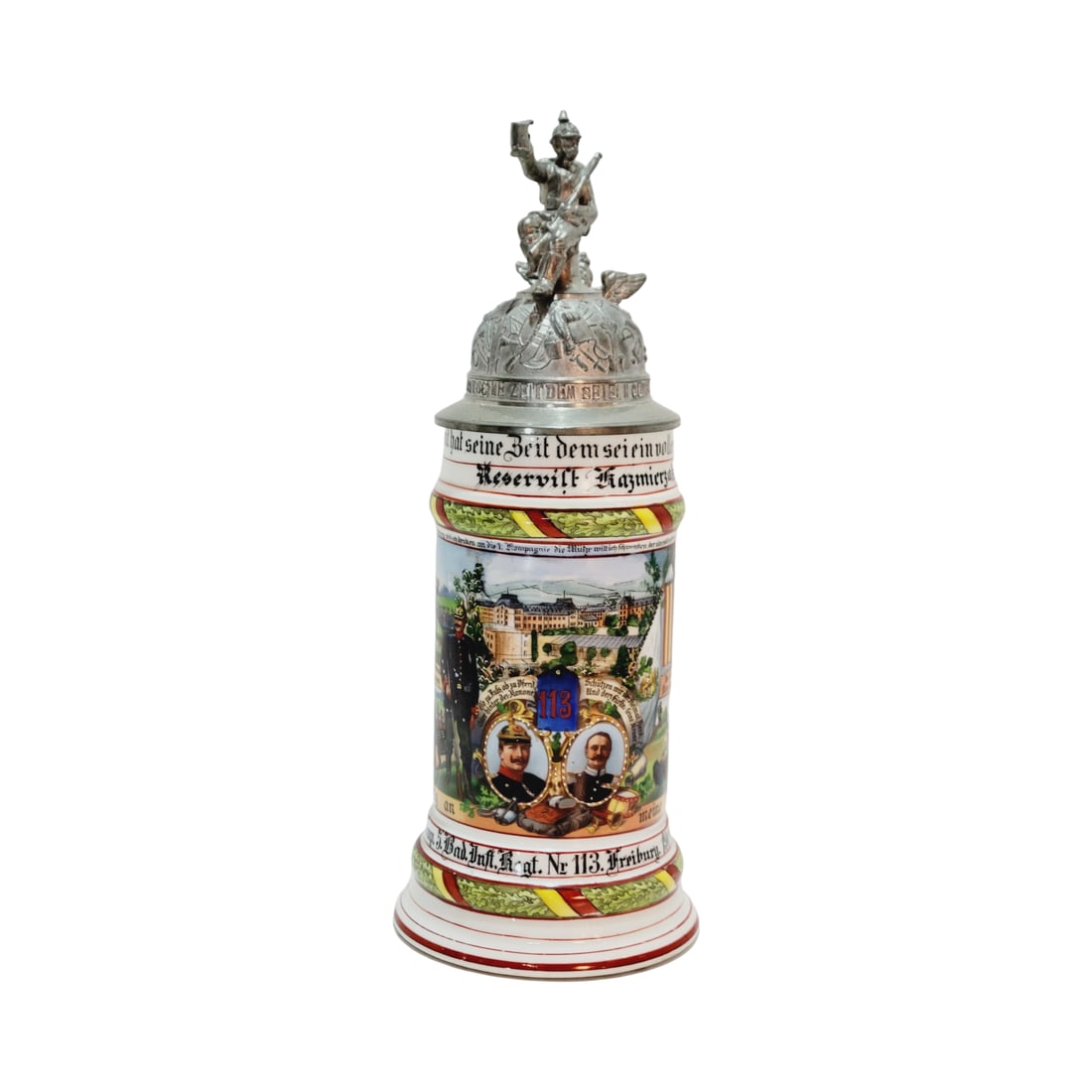 Porcelain Stein, German Regimental Stein, 1. Comp.5. Bad.Inft.Regt. Nr113. Freiburg. 1909 - 1911 (1 of 16)