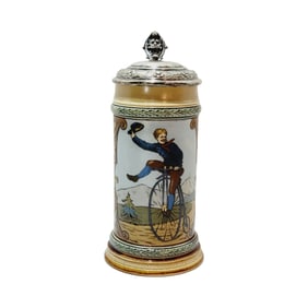 Mettlach #1566, German Beer Stein, High-Wheel Bicycler