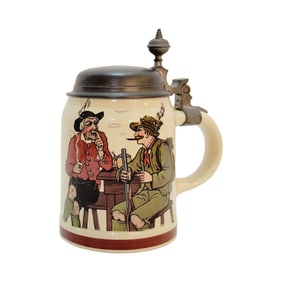 Mettlach #1526/1282, German Beer Stein, Hunter and Farmer with Saying