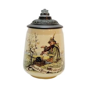 Mettlach #2349/1023, German Beer Stein, Traveling Violinist with Saying
