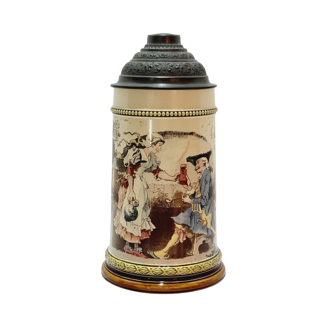 Mettlach #2271/955, German Beer Stein, Hunter in the Tavern: 1/2 Liter pottery print under glaze with pewter lid, signed Heinrich Schlitt, circa 1898