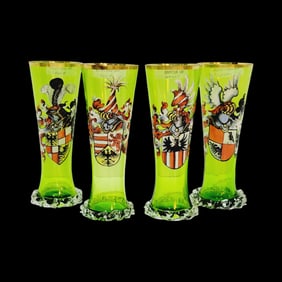 Enameled Glass, German Beer Glass, Set of 4 Family Coat of Arms Glasses