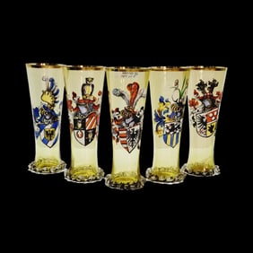 Enameled Glass, German Beer Glass, Set of 5 Family Coat of Arms Glasses