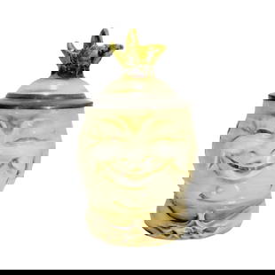 Schierholz & Sohn #5, German Character Stein, The Happy Radish: 1/2 Liter porcelain in honey color with figural lid, circa 1890's