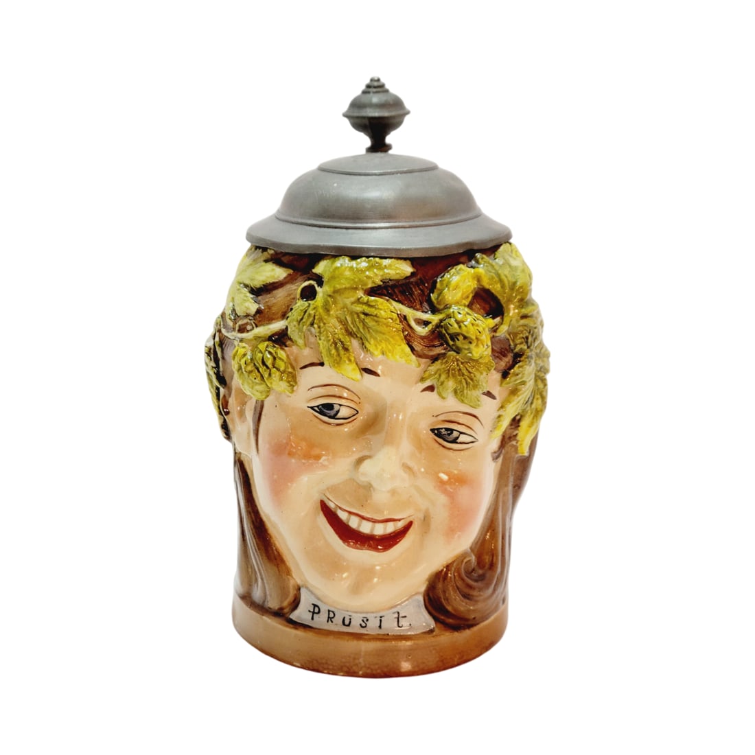 Reinhold Hanke #1424, German Character Stein, Hops Lady: 1/2 Liter pottery hand painted with pewter lid, circa early 1900