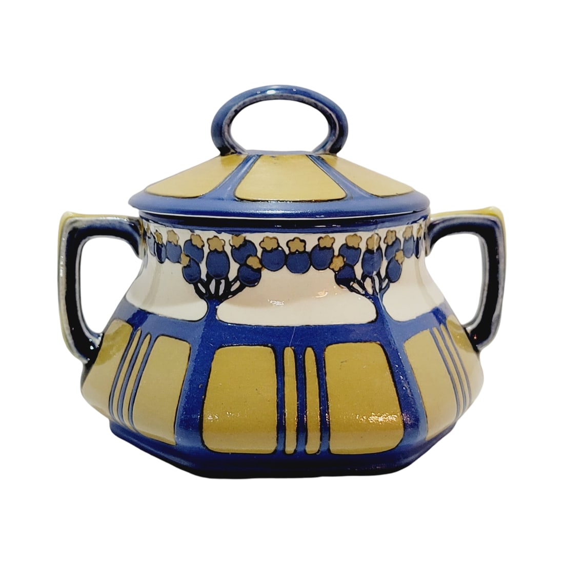 Mettlach #2948 II, German Sugar Bowl, Art Nouveau Sugar Bowl: 4" Tall X 5" Wide pottery etched sugar bowl, circa 1910
