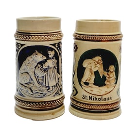 Small German Steins, German Beer Steins, Set of 2 Steins: Little Red Riding Hood & St. Nikolaus