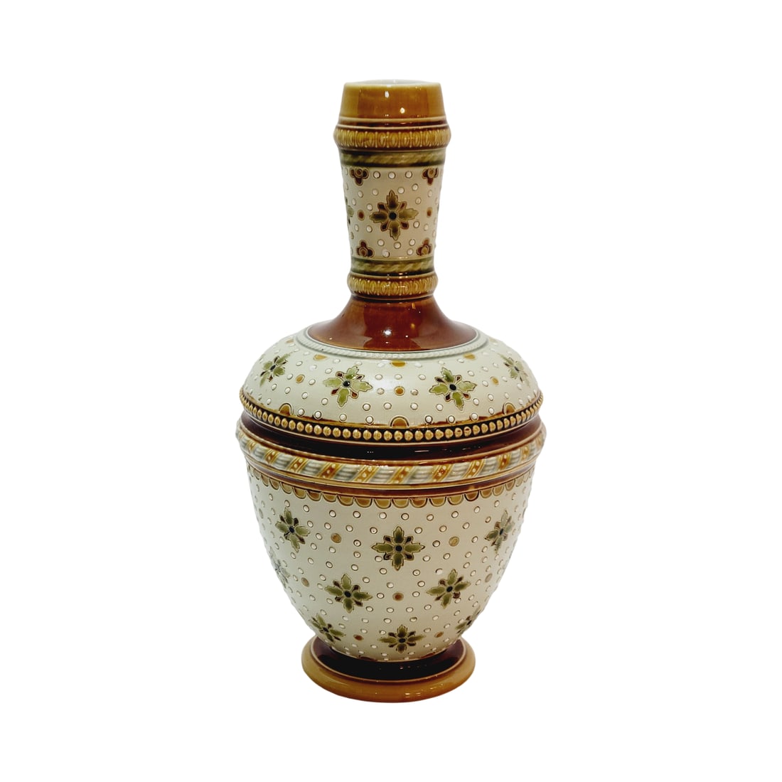 Mettlach #1328, German Decanter, Mosaic Wine Decanter: 8.25" Tall pottery glazed mosaic flowers and applied buttons narrow necked, circa 1894