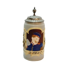 Mettlach #1758, German Beer Stein, Soldier Drinking