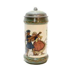 Mettlach #3090. German Beer Stein, Guitar Player and Two Women