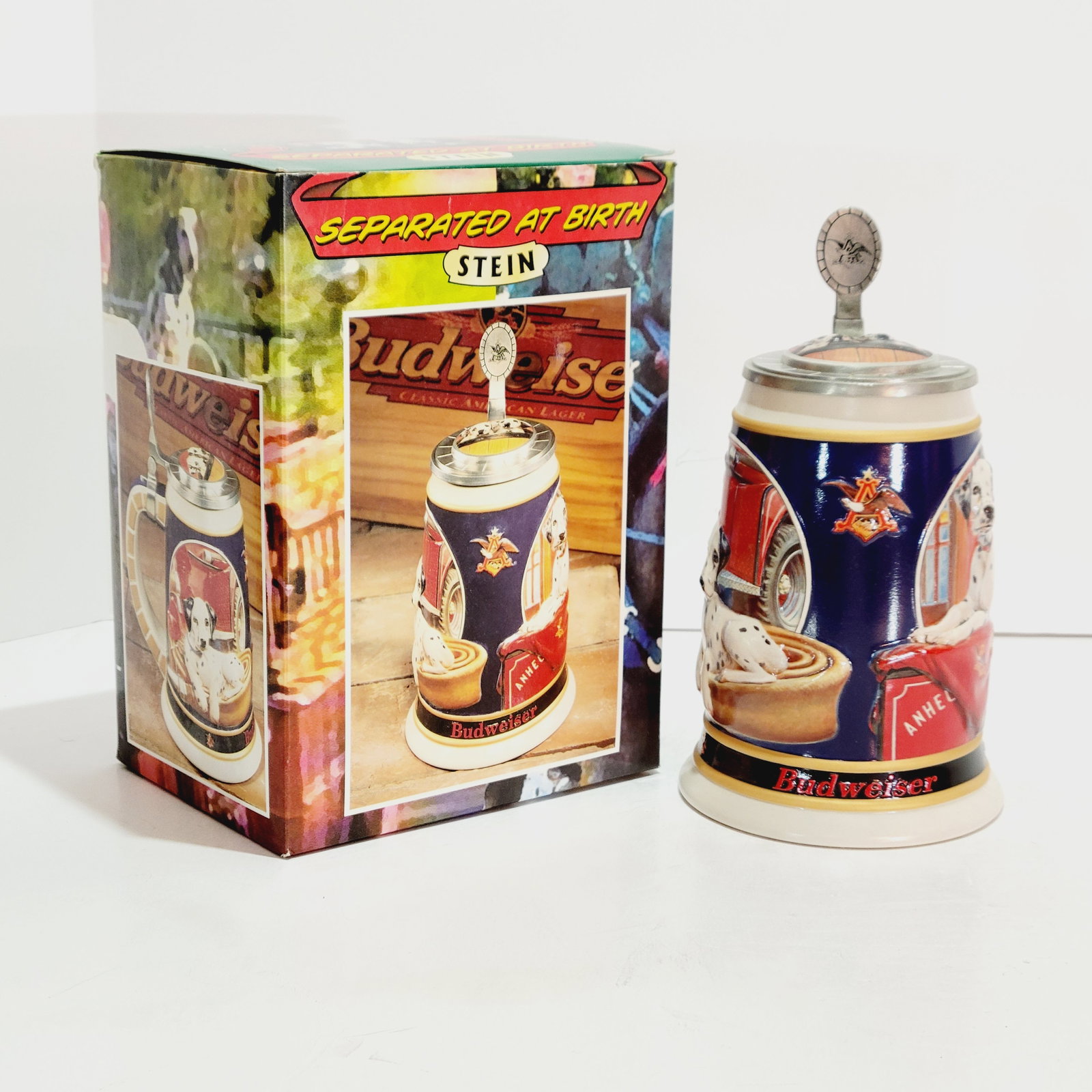 Ceramarte Budwieser CS421, Brazilian Beer Stein, Separated at Birth: 8.0" Tall pottery transfer in relief with inlay lid, Ltd. Ed. Of 25,000 produced, circa 2000