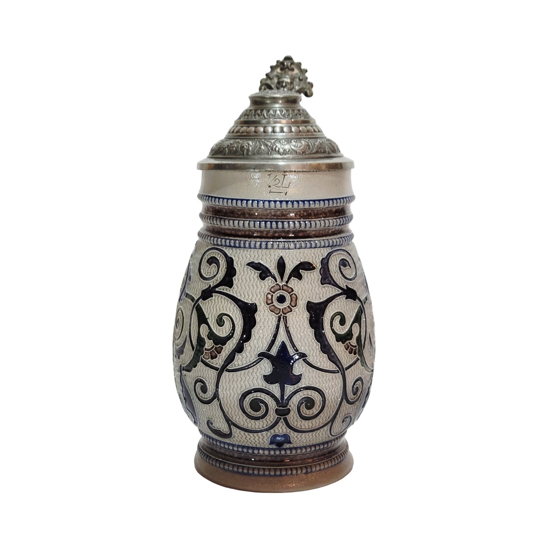 Fritz Thenn #286, German Beer Stein, Mosaic Design: 1/2 Liter stoneware salt glaze with cobalt and manganese mosaic scrollwork and excellent pewter lid, circa early 1880's