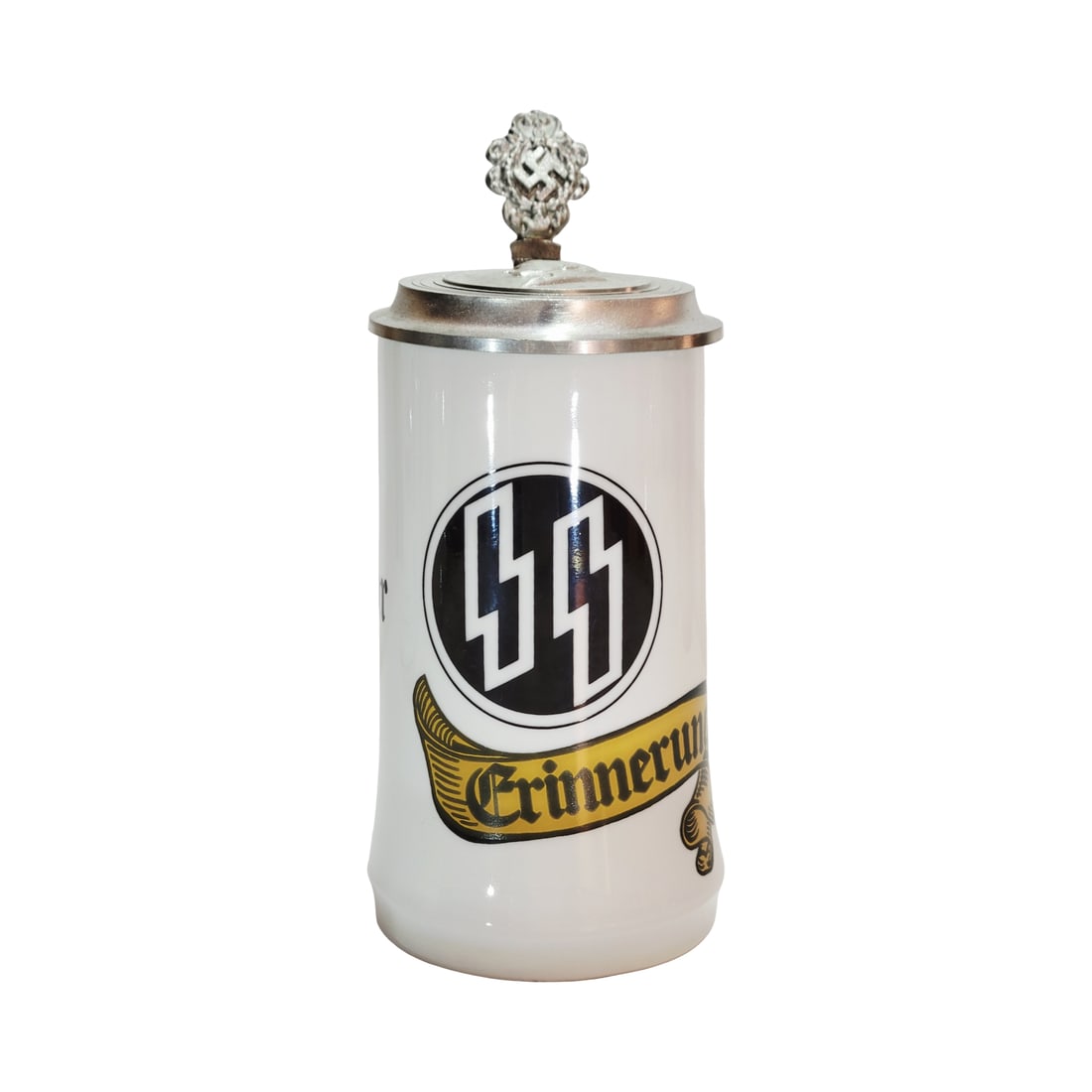 Allach Porcelain Stein, German Beer Stein, German SS Stein with Saying: 1/2 Liter porcelain transfer over glaze with pewter lid with portrait of Adolph Hitler and lithophane, circa 1940's