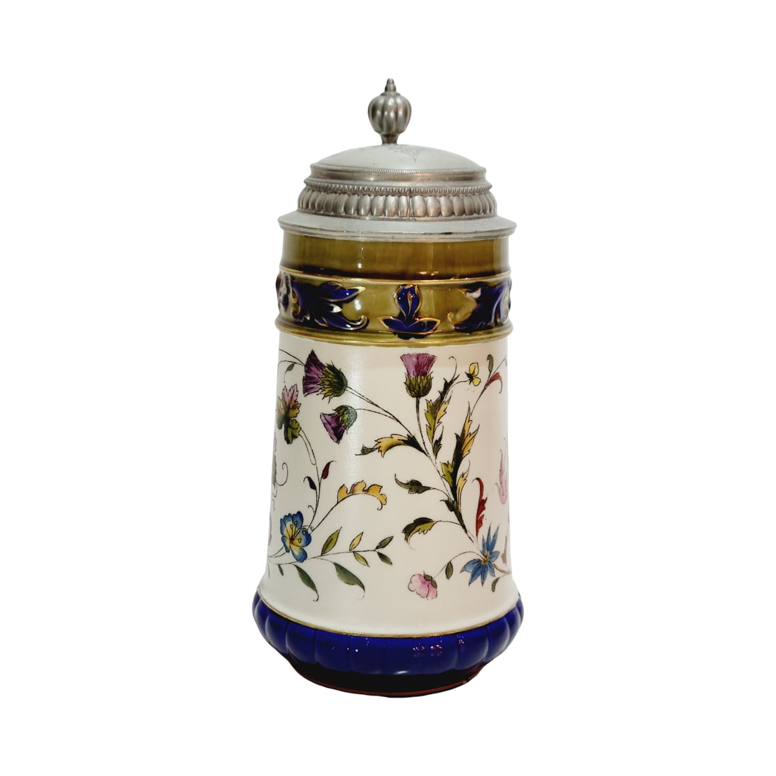 Rorstrand Porcelain Stein, Swedish Beer Stein, Floral Design with Cavalier: 1/2 Liter porcelain hand painted transfer and nice engraved pewter lid, owner Leonhard Krattenmarker, circa late 1890's