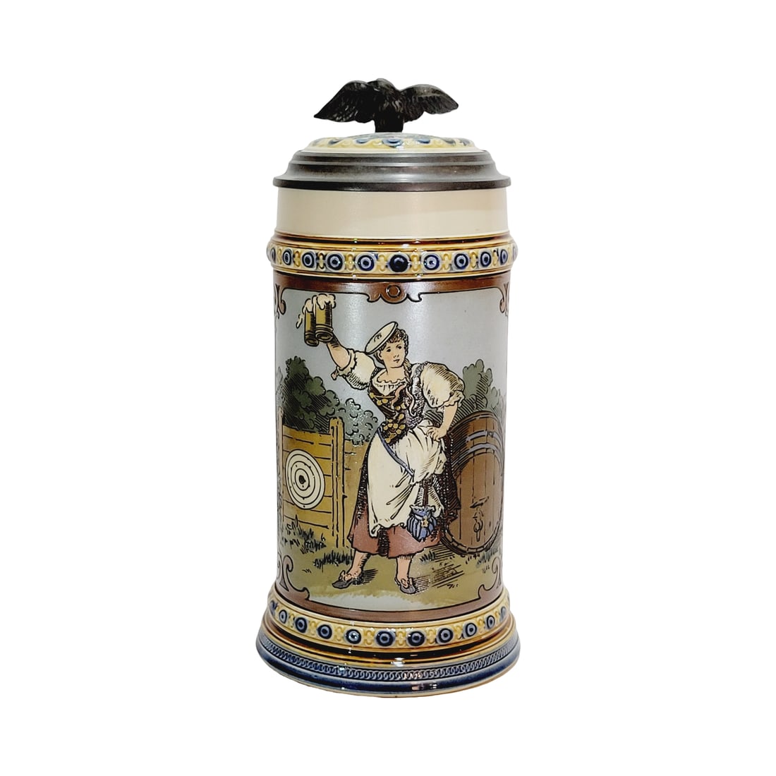 Mettlach Stein #2235, German Beer Stein, Sch?tzenliesel: 1/2 Liter pottery etched with pottery inlay lid, circa 1897
