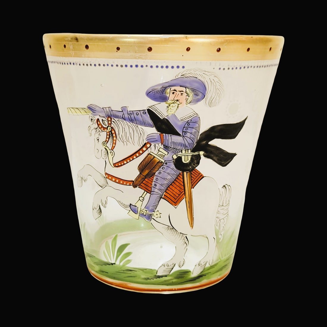 Fritz Heckert Beaker, German Beaker, Gustavus Adolphus, King in Sweden: 5 1/2" Tall by 5 1/8" Wide hand blown clear glass, transfer hand painted with partial polished pontil, dated 1631