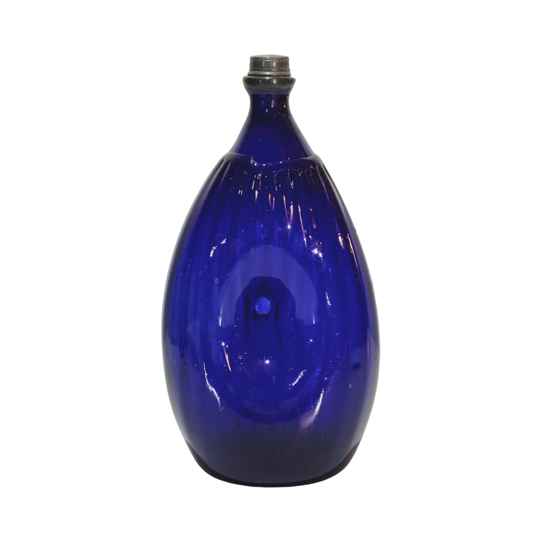 Alpine Naval Bottle, German Bottle, Cobalt Flask with Naval: 8 1/4" Tall by 4 1/2" Wide very rare hand blown cobalt glass naval bottle, kicked in base with pontil and complete pewter fittings, circa 1700's