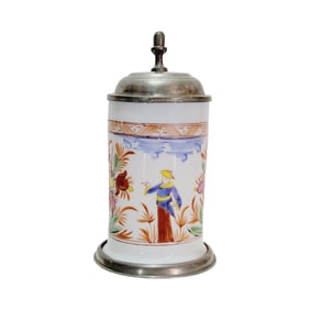 Milk glass Stein, German Beer Stein, Floral Pattern with Chinese Man