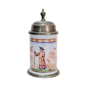 Milk Glass Stein, German Beer Stein, Floral Design with Chinese Man