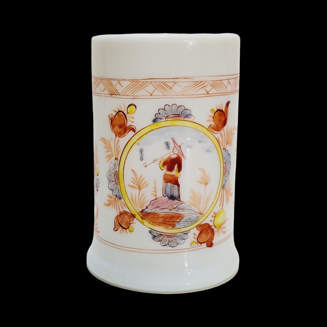 Milk Glass Mug, German Beer Mug, Floral Design Mug with Chinese man Smoking (1 of 11)