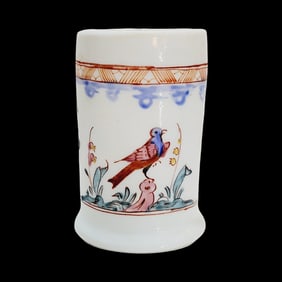 Milk Glass Mug, German Beer Mug, Floral Design Mug with a Bird