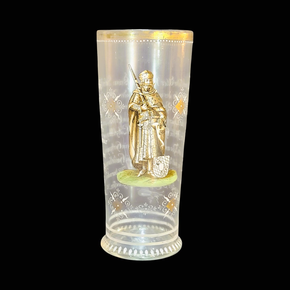 Fritz Heckert Humpen, German Humpen, Genealogy of King Rupert: 7 5/8" Tall by 3 3/8" Wide hand blown clear glass hand enameling with kicked base pontil, circa 1880's