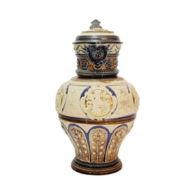 Mettlach Stein #2128, German Beer Stein, Helmets and Flowers