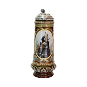 Mettlach Stein #2103, German Beer Stein, Mountain Drinker on Barrel