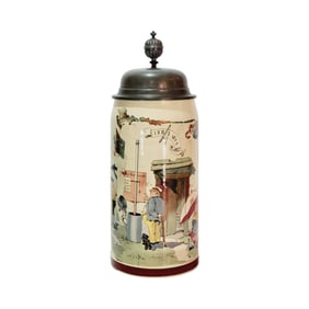 Mettlach Stein #1526/941, German Beer Stein, Tavern with Beer Barometer
